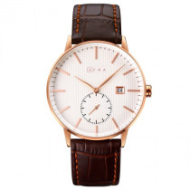 AFRA Radius Gentleman's Watch, Lightweight Rose Gold Metal Case, Brown Leather Strap, White Dial, Water Resistant 30m