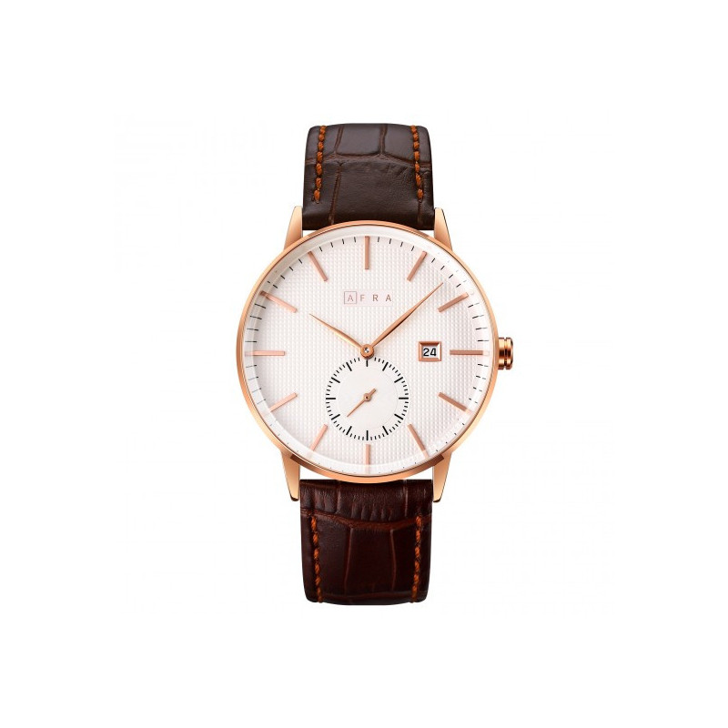 AFRA Radius Gentleman's Watch, Lightweight Rose Gold Metal Case, Brown Leather Strap, White Dial, Water Resistant 30m