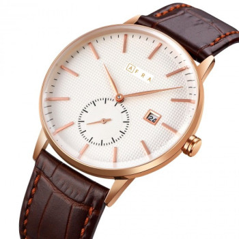 AFRA Radius Gentleman's Watch, Lightweight Rose Gold Metal Case, Brown Leather Strap, White Dial, Water Resistant 30m