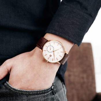 AFRA Radius Gentleman's Watch, Lightweight Rose Gold Metal Case, Brown Leather Strap, White Dial, Water Resistant 30m