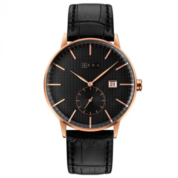 AFRA Radius Gentleman's Watch, Lightweight Rose Gold Metal Case, Black Leather Strap, Black Dial, Water Resistant 30m