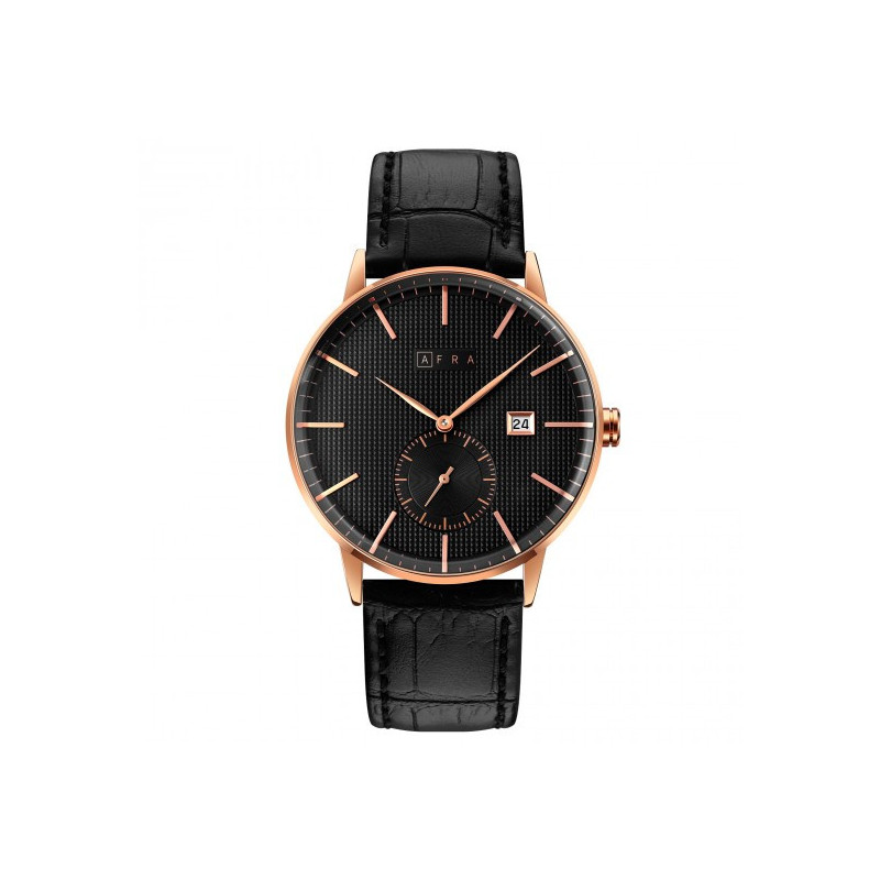 AFRA Radius Gentleman's Watch, Lightweight Rose Gold Metal Case, Black Leather Strap, Black Dial, Water Resistant 30m