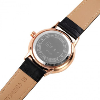 AFRA Radius Gentleman's Watch, Lightweight Rose Gold Metal Case, Black Leather Strap, Black Dial, Water Resistant 30m