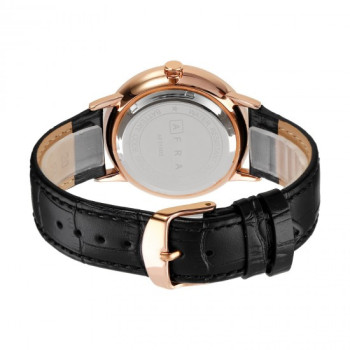 AFRA Radius Gentleman's Watch, Lightweight Rose Gold Metal Case, Black Leather Strap, Black Dial, Water Resistant 30m