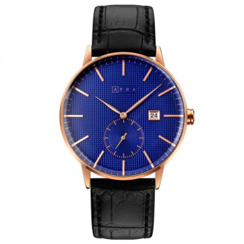 AFRA Radius Gentleman's Watch, Lightweight Rose Gold Metal Case, Black Leather Strap, Blue Dial, Water Resistant 30m