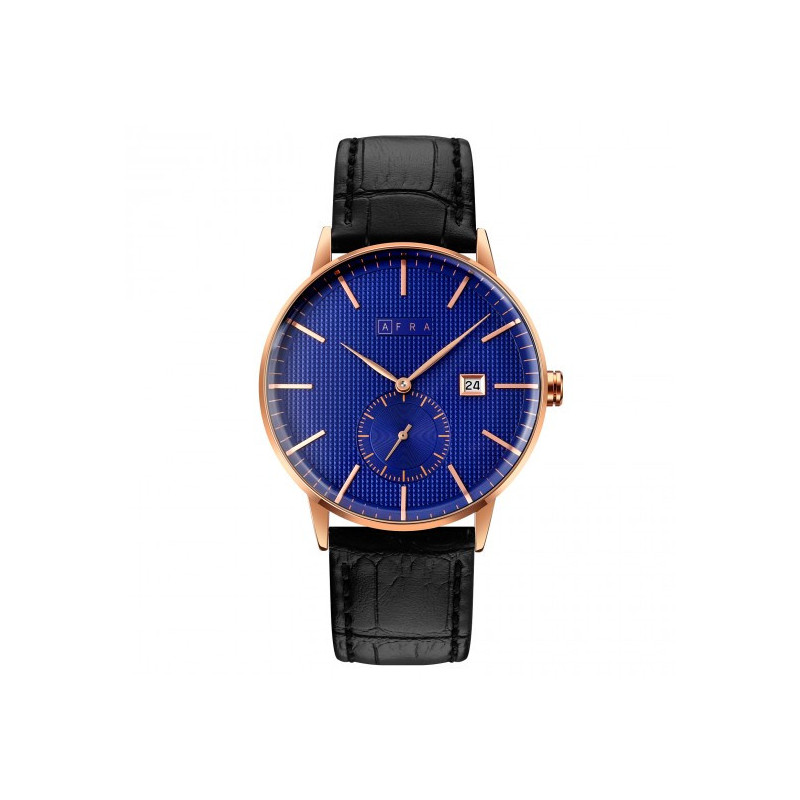 AFRA Radius Gentleman's Watch, Lightweight Rose Gold Metal Case, Black Leather Strap, Blue Dial, Water Resistant 30m
