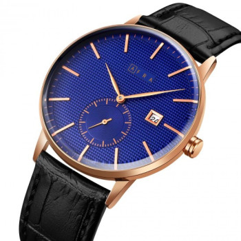 AFRA Radius Gentleman's Watch, Lightweight Rose Gold Metal Case, Black Leather Strap, Blue Dial, Water Resistant 30m