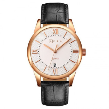 AFRA Oberon Gentleman's Watch, Lightweight Rose Gold Metal Case, Black Leather Strap, White Dial, Water Resistant 30m