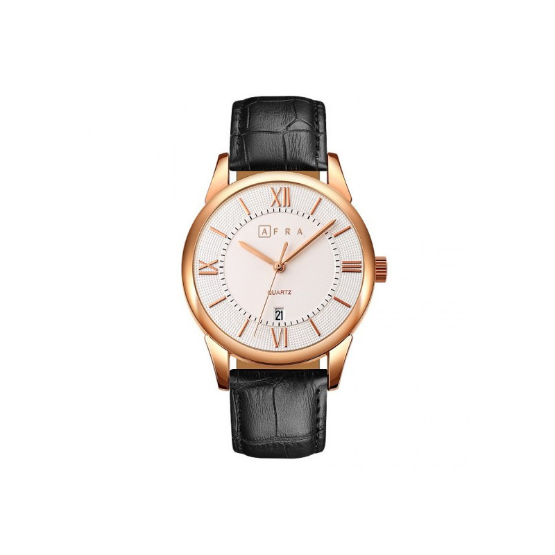 AFRA Oberon Gentleman's Watch, Lightweight Rose Gold Metal Case, Black Leather Strap, White Dial, Water Resistant 30m