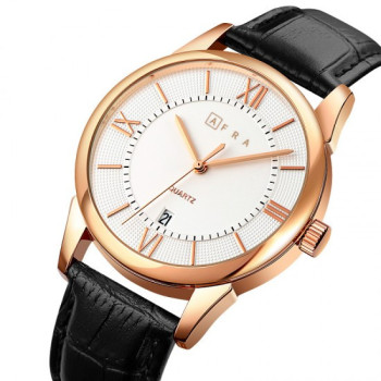 AFRA Oberon Gentleman's Watch, Lightweight Rose Gold Metal Case, Black Leather Strap, White Dial, Water Resistant 30m