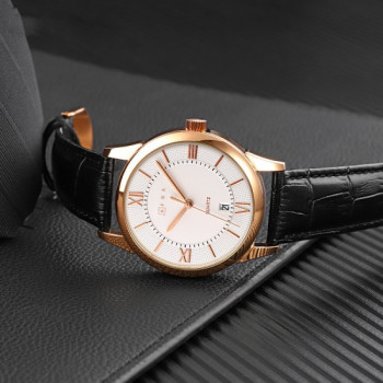 AFRA Oberon Gentleman's Watch, Lightweight Rose Gold Metal Case, Black Leather Strap, White Dial, Water Resistant 30m