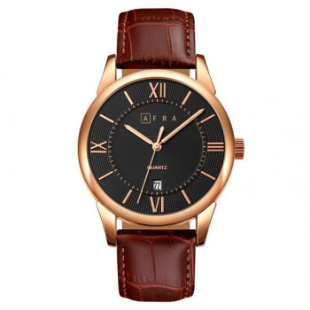 AFRA Oberon Gentleman's Watch, Lightweight Rose Gold Metal Case, Brown Leather Strap, Black Dial, Water Resistant 30m