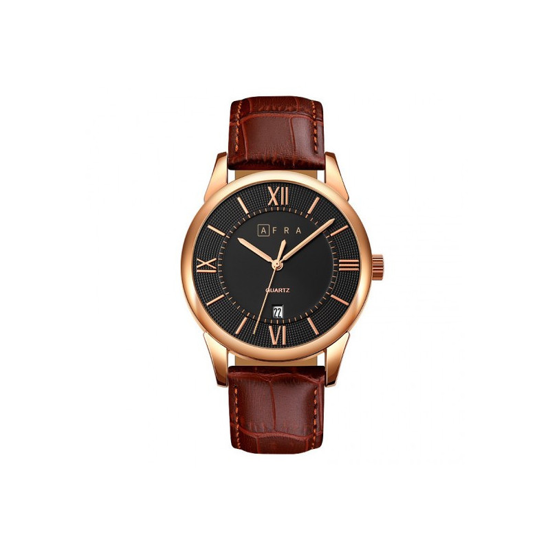 AFRA Oberon Gentleman's Watch, Lightweight Rose Gold Metal Case, Brown Leather Strap, Black Dial, Water Resistant 30m
