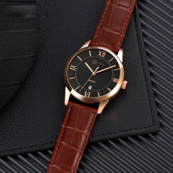 AFRA Oberon Gentleman's Watch, Lightweight Rose Gold Metal Case, Brown Leather Strap, Black Dial, Water Resistant 30m