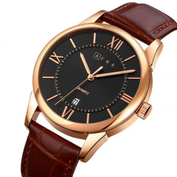 AFRA Oberon Gentleman's Watch, Lightweight Rose Gold Metal Case, Brown Leather Strap, Black Dial, Water Resistant 30m