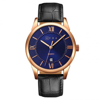 AFRA Oberon Gentleman s Watch, Lightweight Rose Gold Metal Case, Brown Leather Strap, Blue Dial, Water Resistant 30m