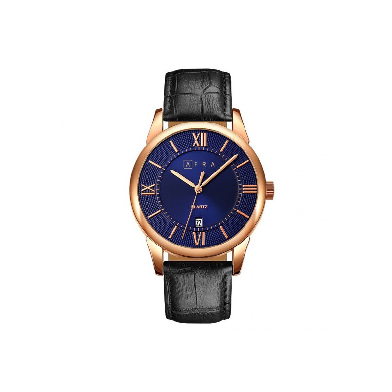 AFRA Oberon Gentleman s Watch, Lightweight Rose Gold Metal Case, Brown Leather Strap, Blue Dial, Water Resistant 30m