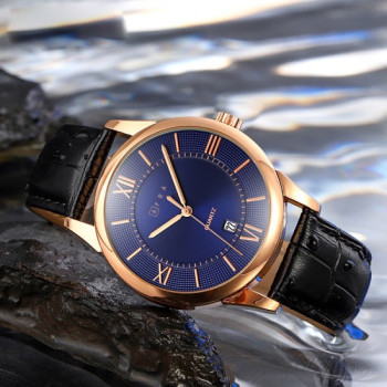 AFRA Oberon Gentleman s Watch, Lightweight Rose Gold Metal Case, Brown Leather Strap, Blue Dial, Water Resistant 30m