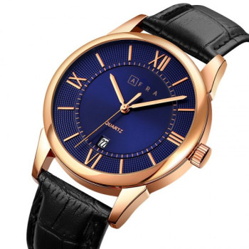 AFRA Oberon Gentleman s Watch, Lightweight Rose Gold Metal Case, Brown Leather Strap, Blue Dial, Water Resistant 30m