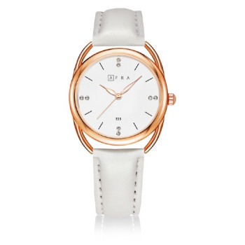 AFRA Carina Lady's Watch, Lightweight Rose Gold Metal Case, Leather Strap, Water Resistant 30m White