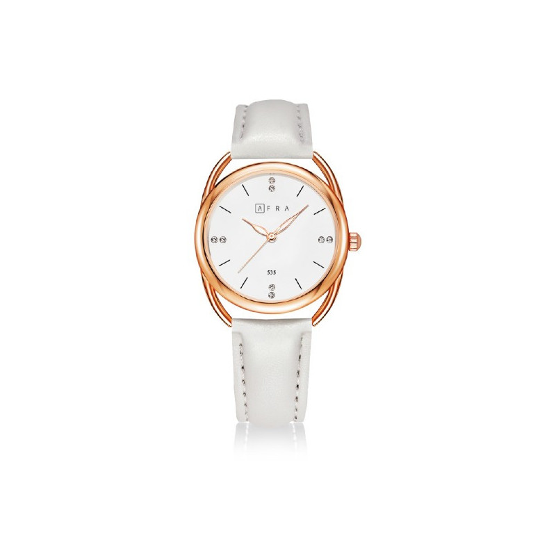 AFRA Carina Lady's Watch, Lightweight Rose Gold Metal Case, Leather Strap, Water Resistant 30m White