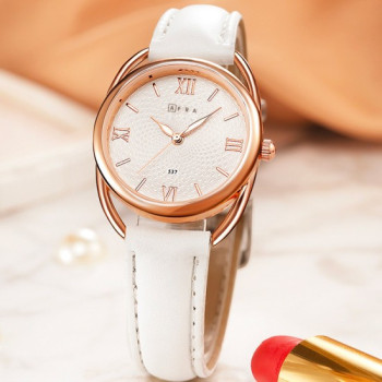 AFRA Carina Lady's Watch, Lightweight Rose Gold Metal Case, Leather Strap, Water Resistant 30m White