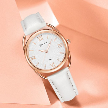 AFRA Carina Lady's Watch, Lightweight Rose Gold Metal Case, Leather Strap, Water Resistant 30m White