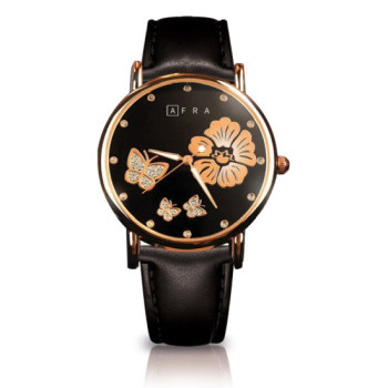 AFRA Elanor Lady's Watch, Lightweight Rose Gold Metal Case, Leather Strap, Water Resistant 30m Black
