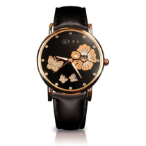 AFRA Elanor Lady's Watch, Lightweight Rose Gold Metal Case, Leather Strap, Water Resistant 30m Black