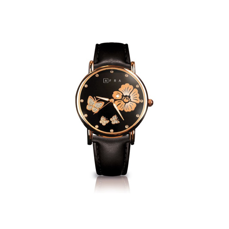 AFRA Elanor Lady's Watch, Lightweight Rose Gold Metal Case, Leather Strap, Water Resistant 30m Black