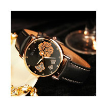 AFRA Elanor Lady's Watch, Lightweight Rose Gold Metal Case, Leather Strap, Water Resistant 30m Black