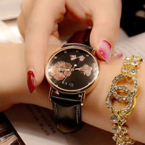 AFRA Elanor Lady's Watch, Lightweight Rose Gold Metal Case, Leather Strap, Water Resistant 30m Black