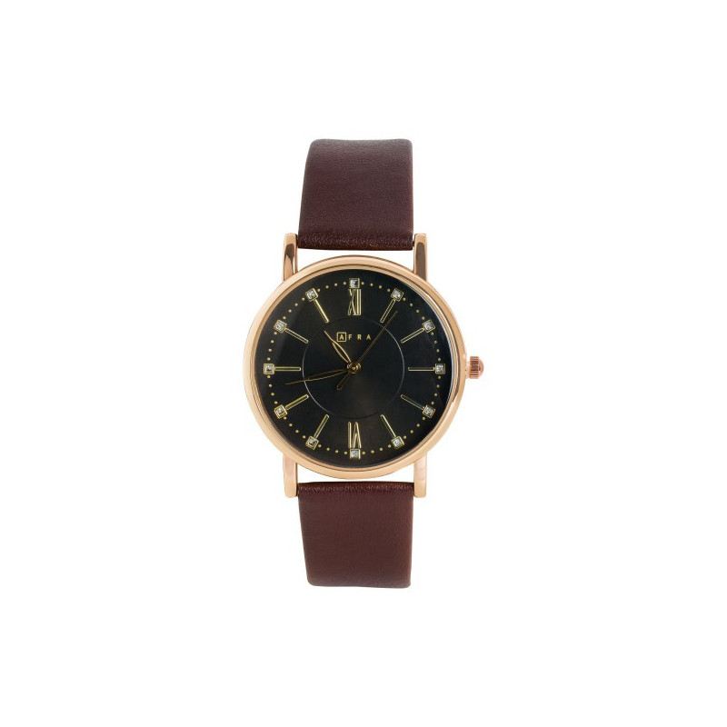 AFRA Kara Lady's Watch, Lightweight Rose Gold Metal Case, Leather Strap, Water Resistant 30m Brown