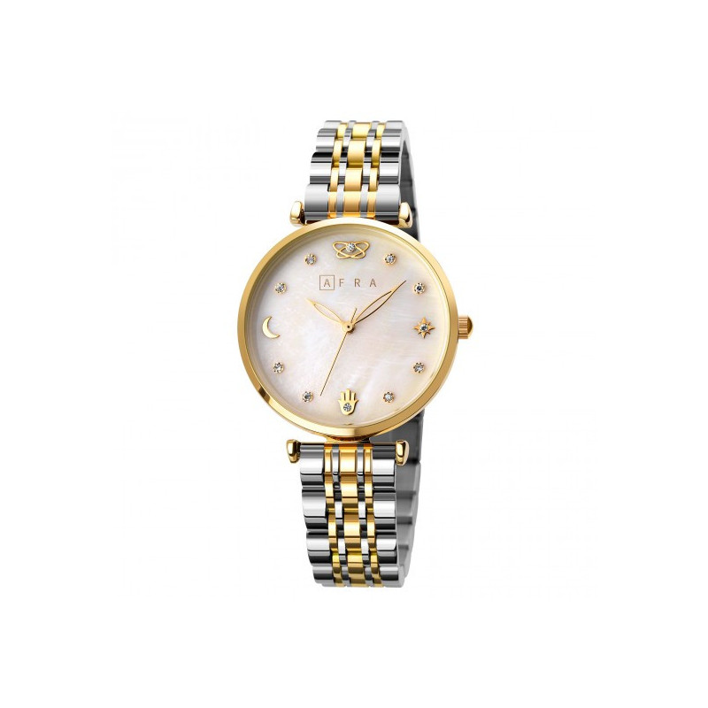 AFRA Luna Ladies' Watch, Gold and Silver Metal Alloy Case, White Mop Dial, Silver and Gold Bracelet Strap with Latch, Water Resistant 30m