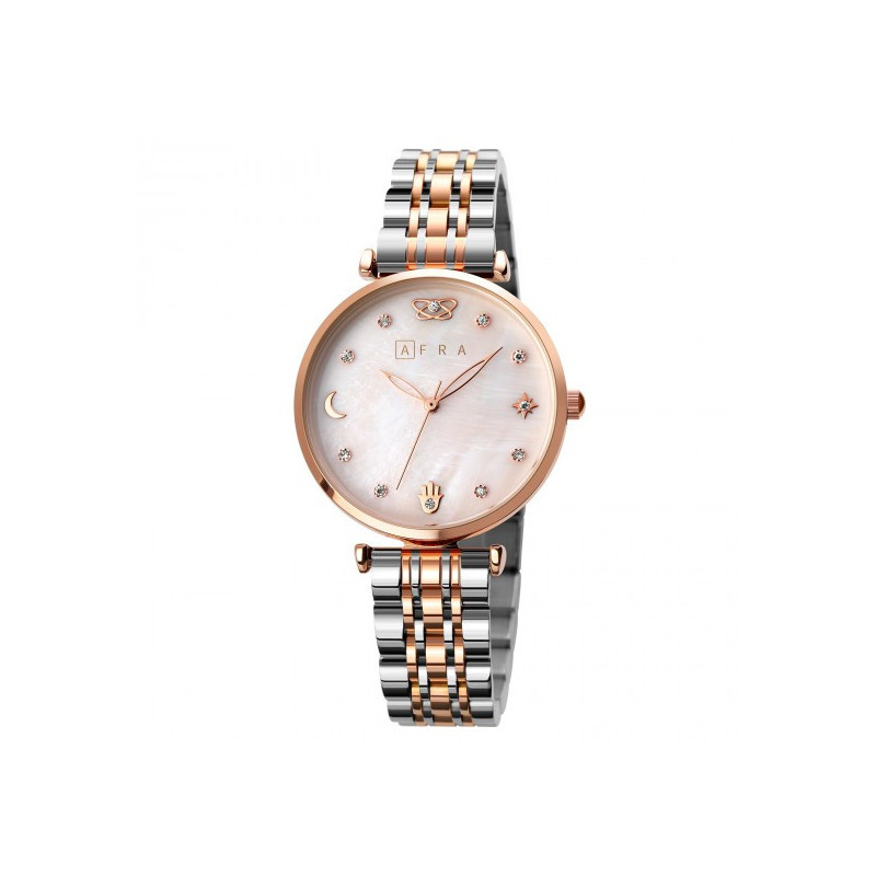 AFRA Luna Lady's Watch, Rose Gold and Silver Metal Alloy Case, Mop Dial, Rose Gold and Silver Bracelet Strap with Latch, Water Resistant 30m