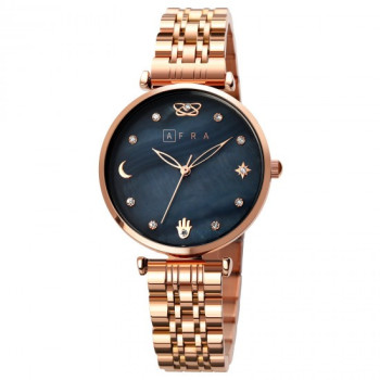 AFRA Luna Lady's Watch, Silver Metal Alloy Case, Black Mop Dial, Rose Gold Bracelet Strap with Latch, Water Resistant 30m