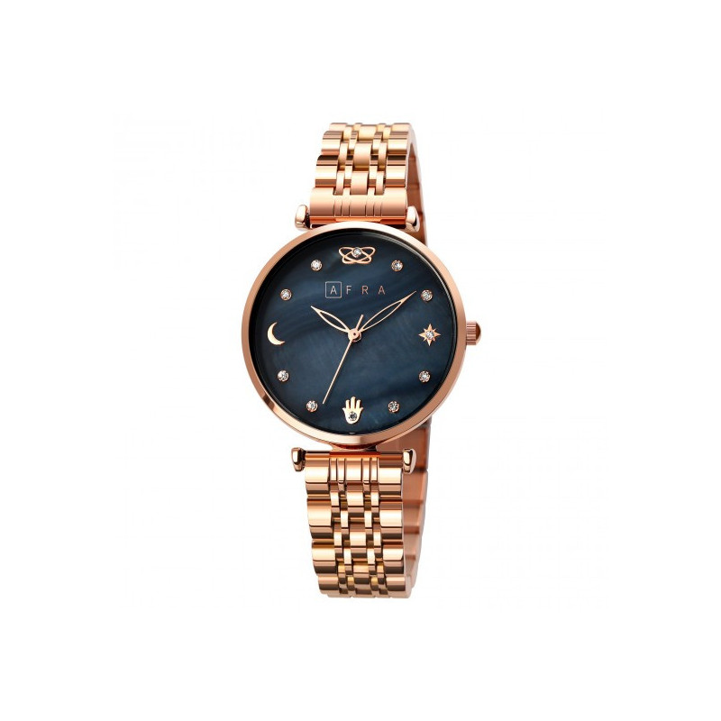 AFRA Luna Lady's Watch, Silver Metal Alloy Case, Black Mop Dial, Rose Gold Bracelet Strap with Latch, Water Resistant 30m