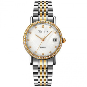 AFRA Calla Lady's Watch, Gold and Silver Metal Alloy Case, White Mop Dial, Gold and Silver Bracelet Strap with Latch, Water Resistant 30m