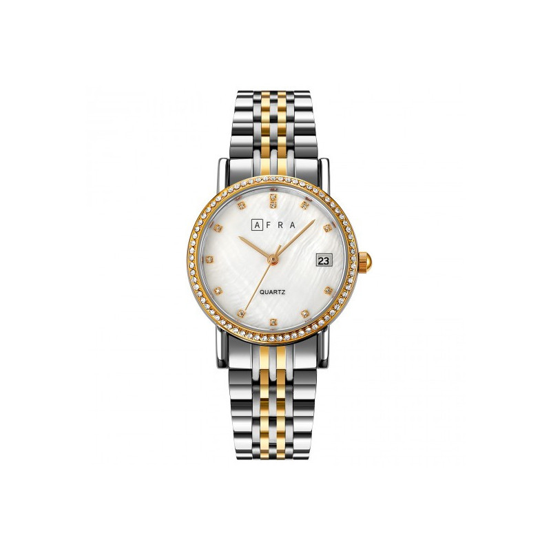 AFRA Calla Lady's Watch, Gold and Silver Metal Alloy Case, White Mop Dial, Gold and Silver Bracelet Strap with Latch, Water Resistant 30m