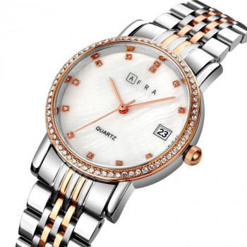 AFRA Calla Lady's Watch, Rose Gold and Silver Metal Alloy Case, White Mop Dial, Rose Gold and Silver Bracelet Strap with Latch, Water Resistant 30m