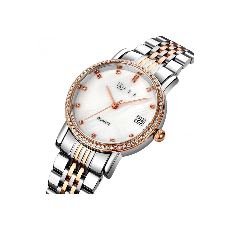AFRA Calla Lady's Watch, Rose Gold and Silver Metal Alloy Case, White Mop Dial, Rose Gold and Silver Bracelet Strap with Latch, Water Resistant 30m