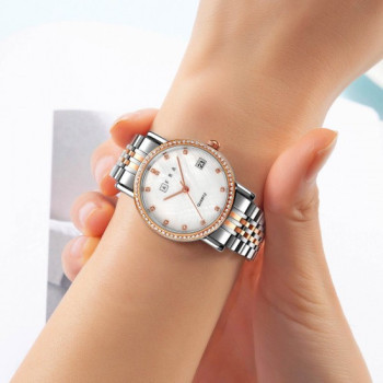 AFRA Calla Lady's Watch, Rose Gold and Silver Metal Alloy Case, White Mop Dial, Rose Gold and Silver Bracelet Strap with Latch, Water Resistant 30m