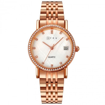 AFRA Calla Lady's Watch, Rose Gold Metal Alloy Case, White Mop Dial, Rose Gold Bracelet Strap with Latch, Water Resistant 30m