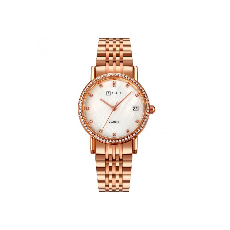 AFRA Calla Lady's Watch, Rose Gold Metal Alloy Case, White Mop Dial, Rose Gold Bracelet Strap with Latch, Water Resistant 30m