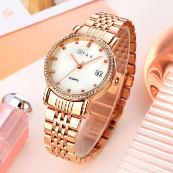 AFRA Calla Lady's Watch, Rose Gold Metal Alloy Case, White Mop Dial, Rose Gold Bracelet Strap with Latch, Water Resistant 30m