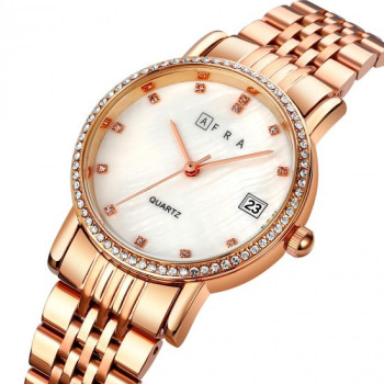 AFRA Calla Lady's Watch, Rose Gold Metal Alloy Case, White Mop Dial, Rose Gold Bracelet Strap with Latch, Water Resistant 30m