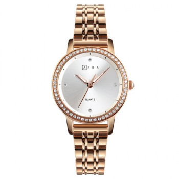 AFRA Elite Lady's Watch, Gold Metal Alloy Case, Silver Dial, Gold Bracelet Strap, Water Resistant 30m