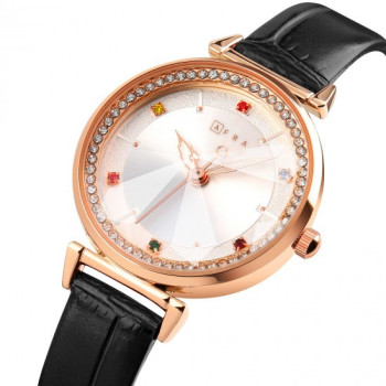 AFRA Gemma Lady's Watch, Rose Gold Metal Case, White Dial, Black Leather Strap, Water Resistant 30m