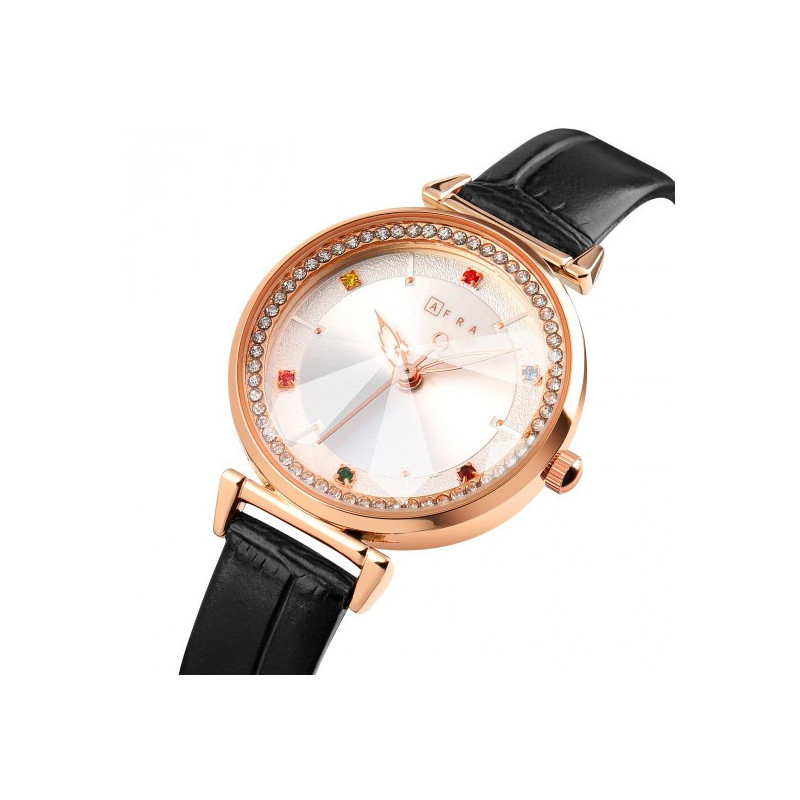 AFRA Gemma Lady's Watch, Rose Gold Metal Case, White Dial, Black Leather Strap, Water Resistant 30m