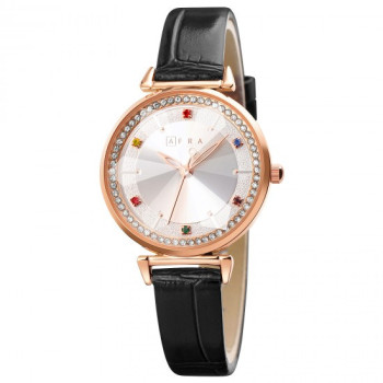 AFRA Gemma Lady's Watch, Rose Gold Metal Case, White Dial, Black Leather Strap, Water Resistant 30m